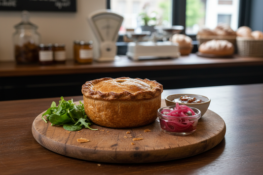 Homemade Pork Pie in elegant setting