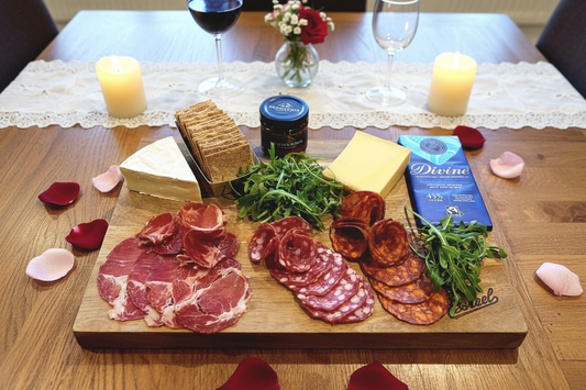 Valentine's Cheese & Charcuterie Board for Two in romantic setting